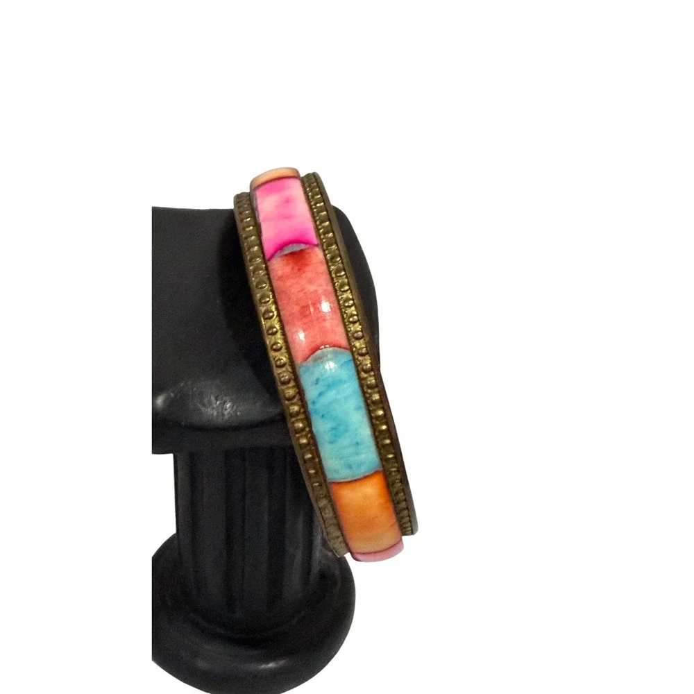 Boho Ethnic‎ Colorful Bangle Bracelet Multicolor Brass Shell Inlay Boho Vibrant